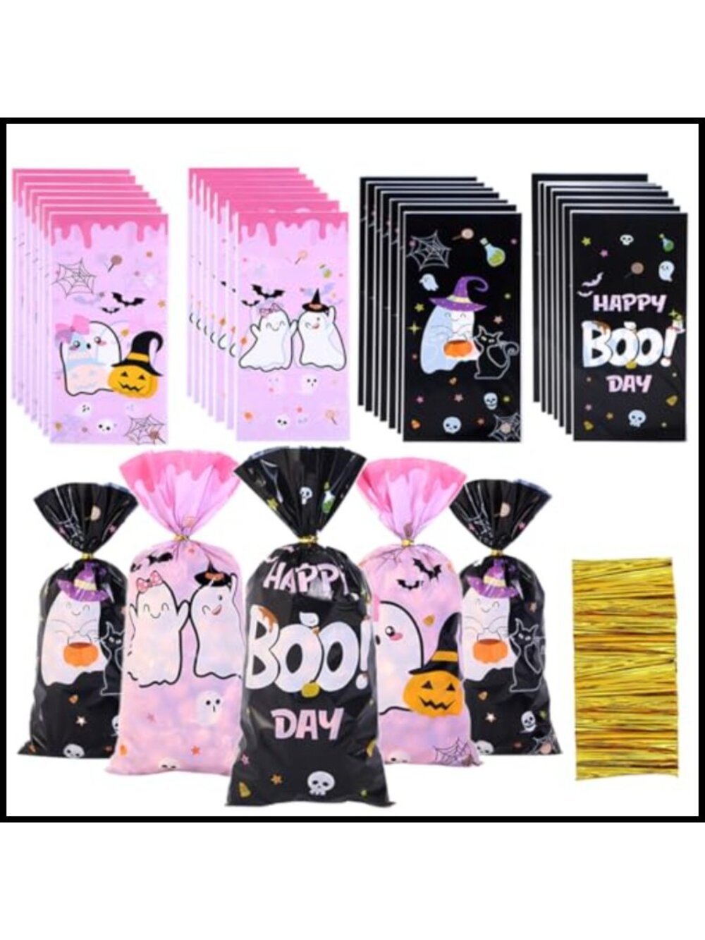 100PCS Halloween Cellophane Candy Bags with Twist Ties for Trick or Treat